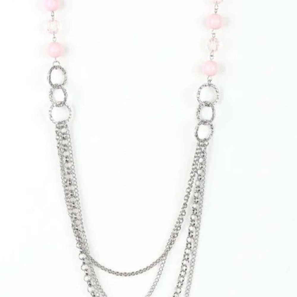 Paparazzi Silver and Pink Chain Necklace Vividly Vivid Long Fashion Jewelry